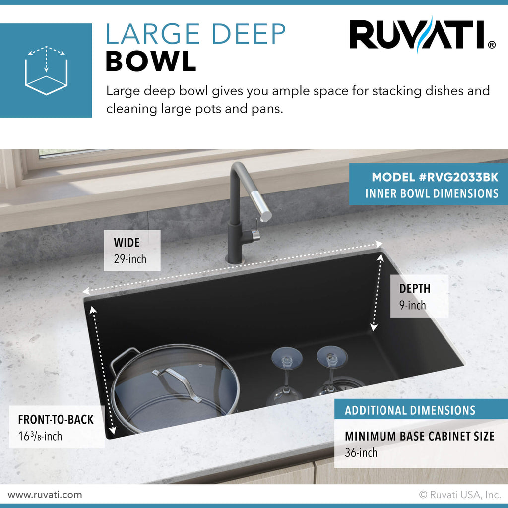 Ruvati epiGranite — Tarja de Cocina de 31 x 19 pulg en Granito Compuesto — Negro Medianoche — 4