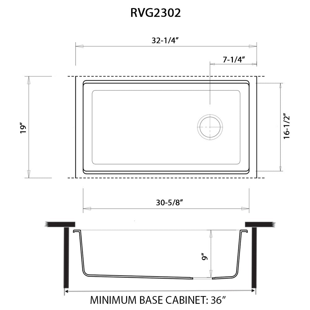 Ruvati epiStage — Tarja Workstation de Cocina en Granito Compuesto — diagrama de dimensiones