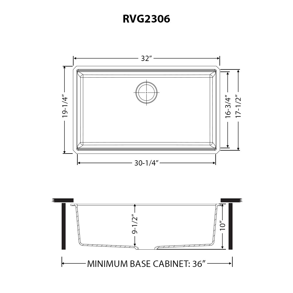 Ruvati epiStage — Tarja Workstation de Cocina en Granito Compuesto — diagrama de dimensiones