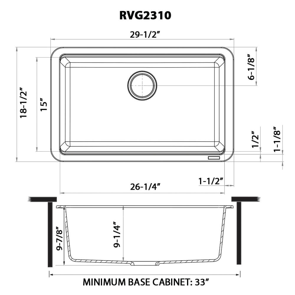 Ruvati epiStage — Tarja Workstation de Cocina en Granito Compuesto — diagrama de dimensiones