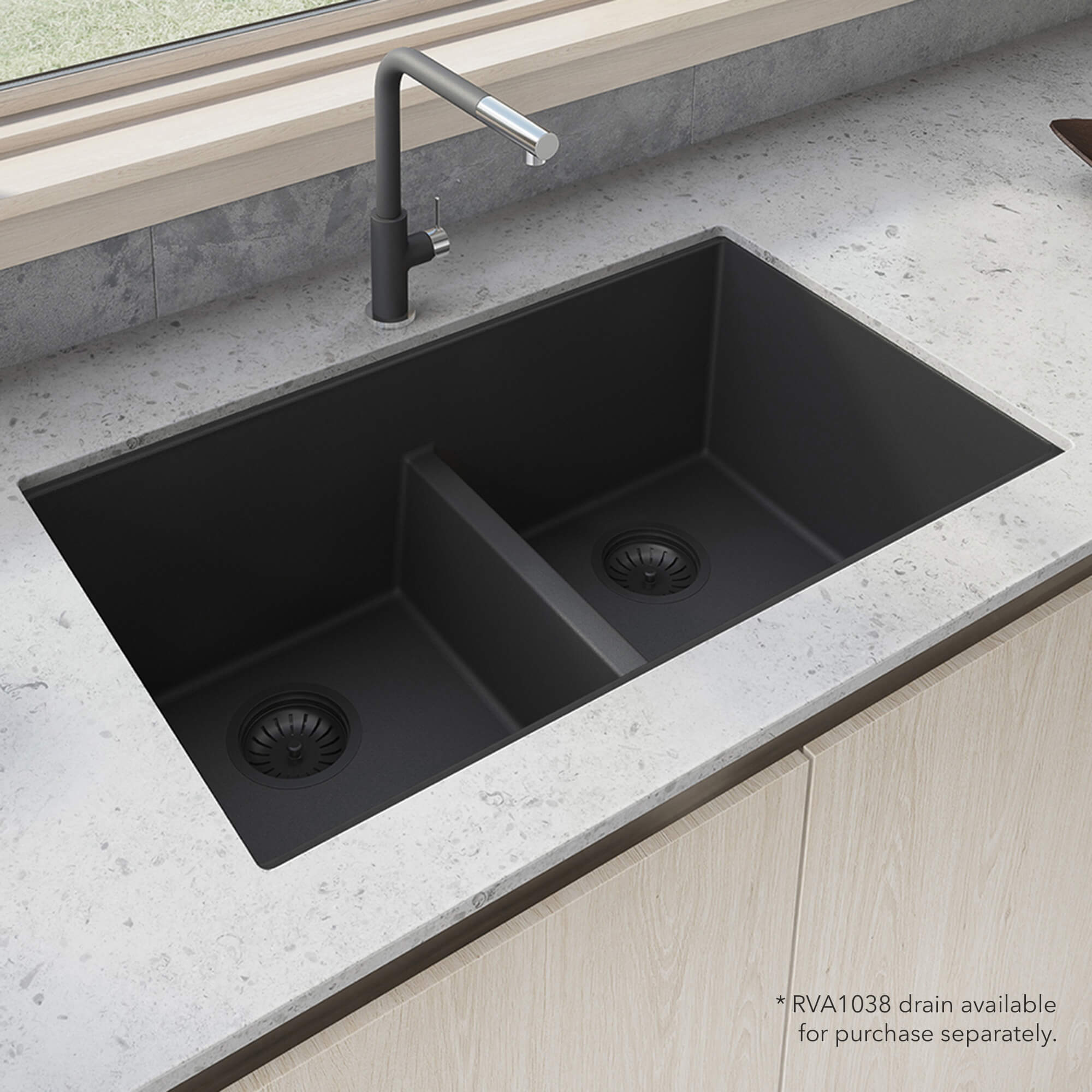 Ruvati epiGranite — Tarja de Cocina de 33 x 19 pulg en Granito Compuesto — Negro Medianoche — 4