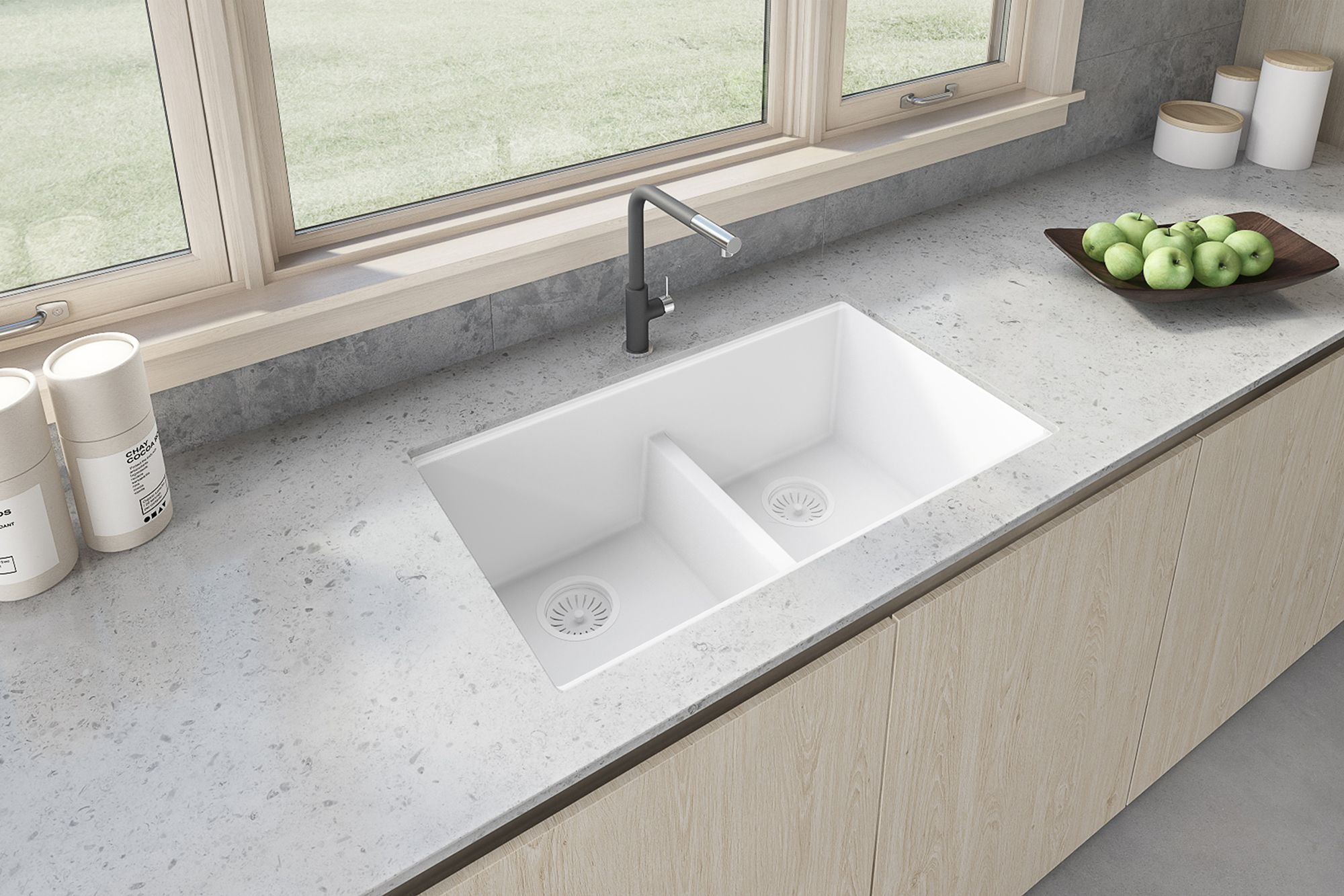 Ruvati epiGranite — Tarja de Cocina de 33 x 19 pulg en Granito Compuesto — Blanco Ártico — 4