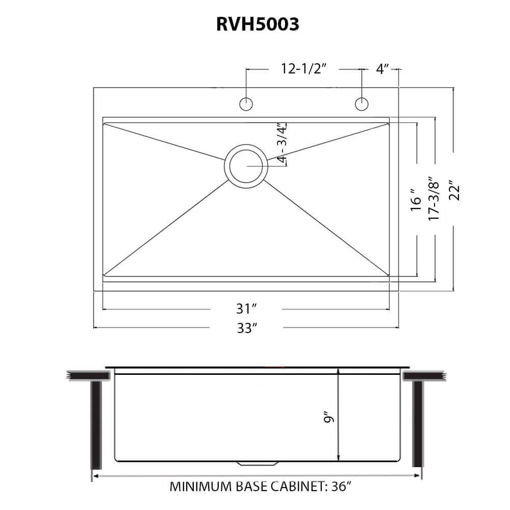 Ruvati Giana — Tarja Workstation de Cocina en Acero Inoxidable — diagrama de dimensiones