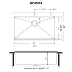 Ruvati Giana — Tarja Workstation de Cocina en Acero Inoxidable — diagrama de dimensiones