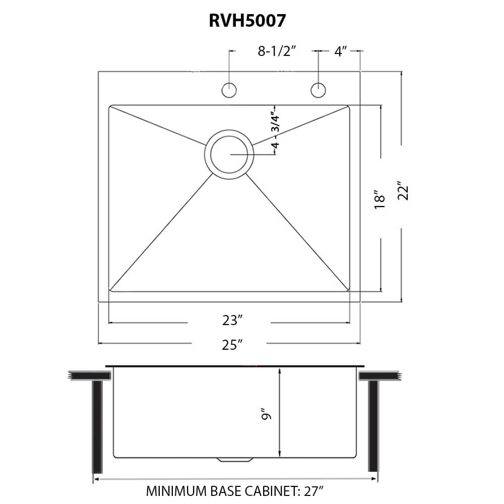 Ruvati Terraza — Tarja Workstation de Cocina en Acero Inoxidable — diagrama de dimensiones