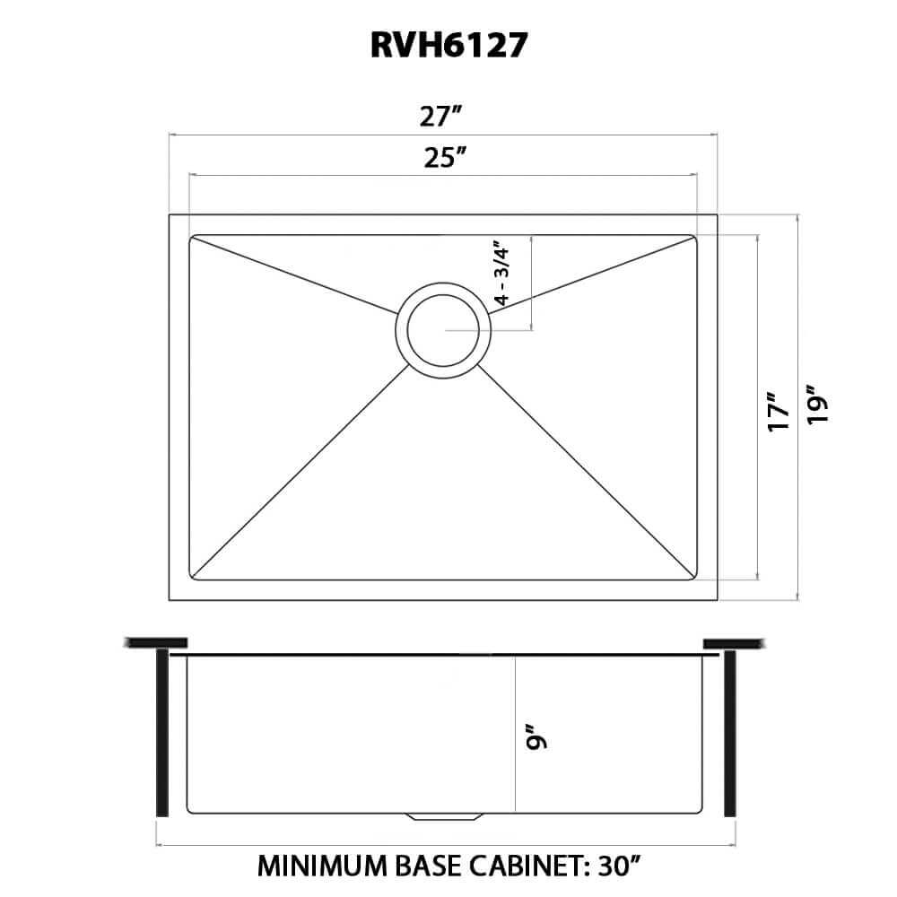Ruvati Terraza — Tarja de Cocina en Acero Inoxidable — diagrama de dimensiones