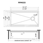 Ruvati Dual-Tier Pro — Tarja Workstation de Cocina en Acero Inoxidable — diagrama de dimensiones