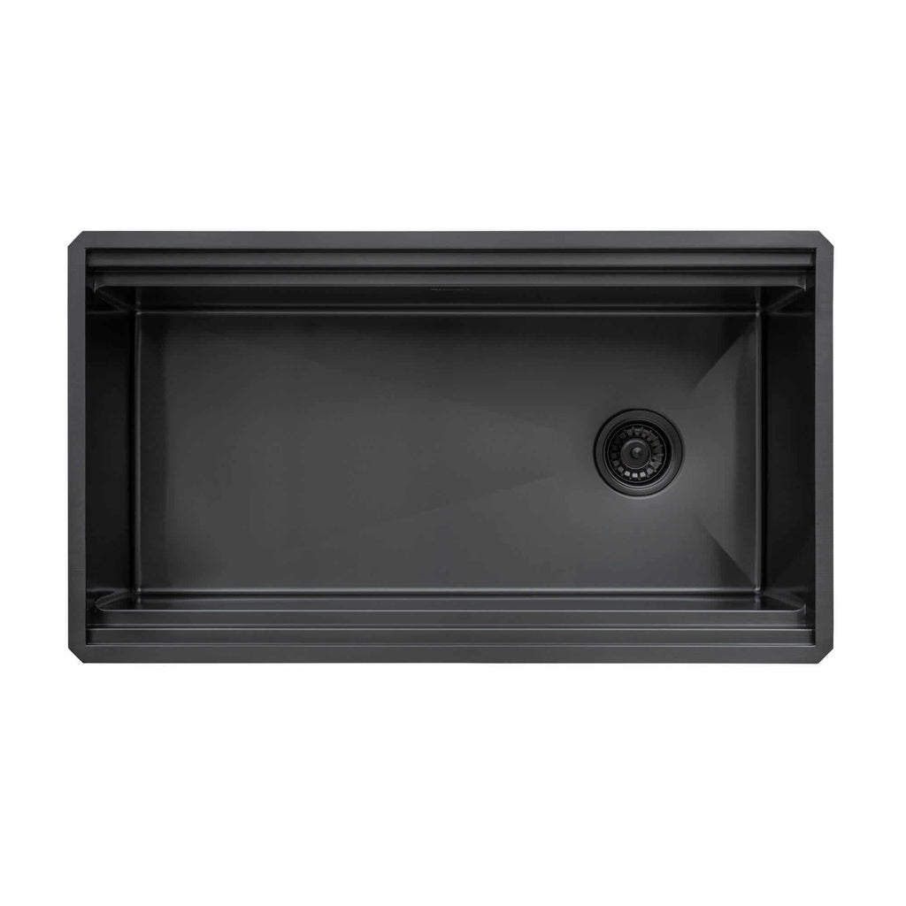 Ruvati Dual-Tier Pro — Tarja Workstation de Cocina en Acero Inoxidable — Negro Gunmetal — 3