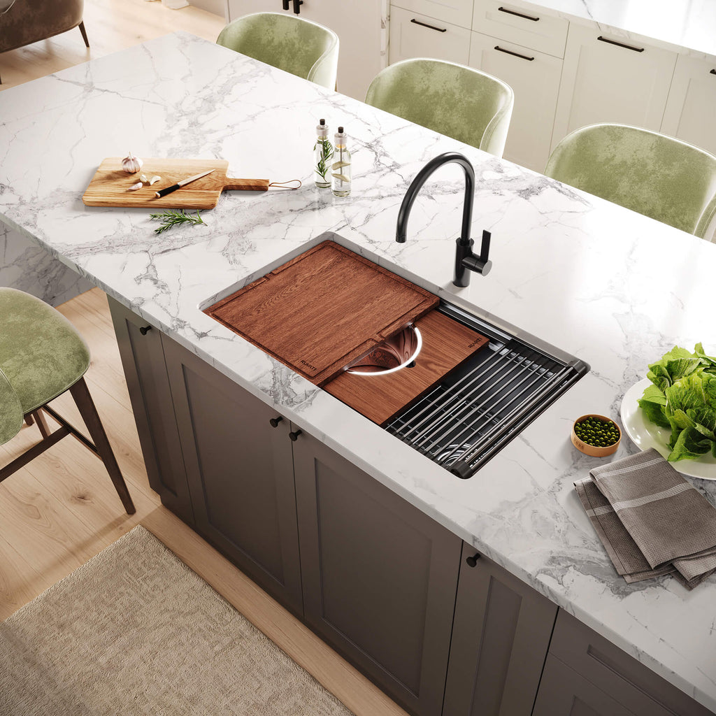 Ruvati Dual-Tier Pro — Tarja Workstation de Cocina en Acero Inoxidable — Negro Gunmetal — 2