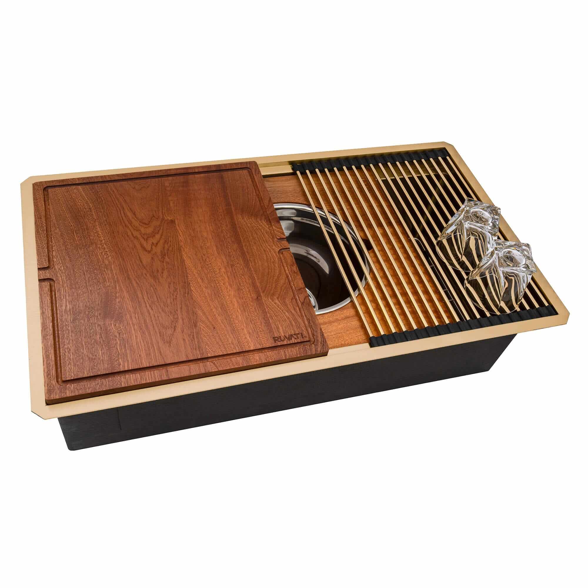 Ruvati Dual-Tier Pro — Tarja Workstation de Cocina en Acero Inoxidable — Oro Mate — 1