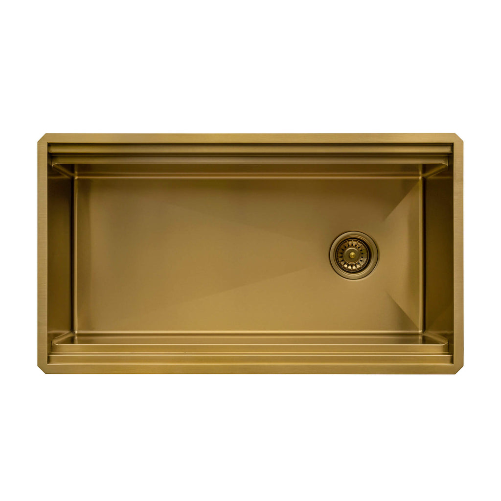 Ruvati Dual-Tier Pro — Tarja Workstation de Cocina en Acero Inoxidable — Oro Mate — 4