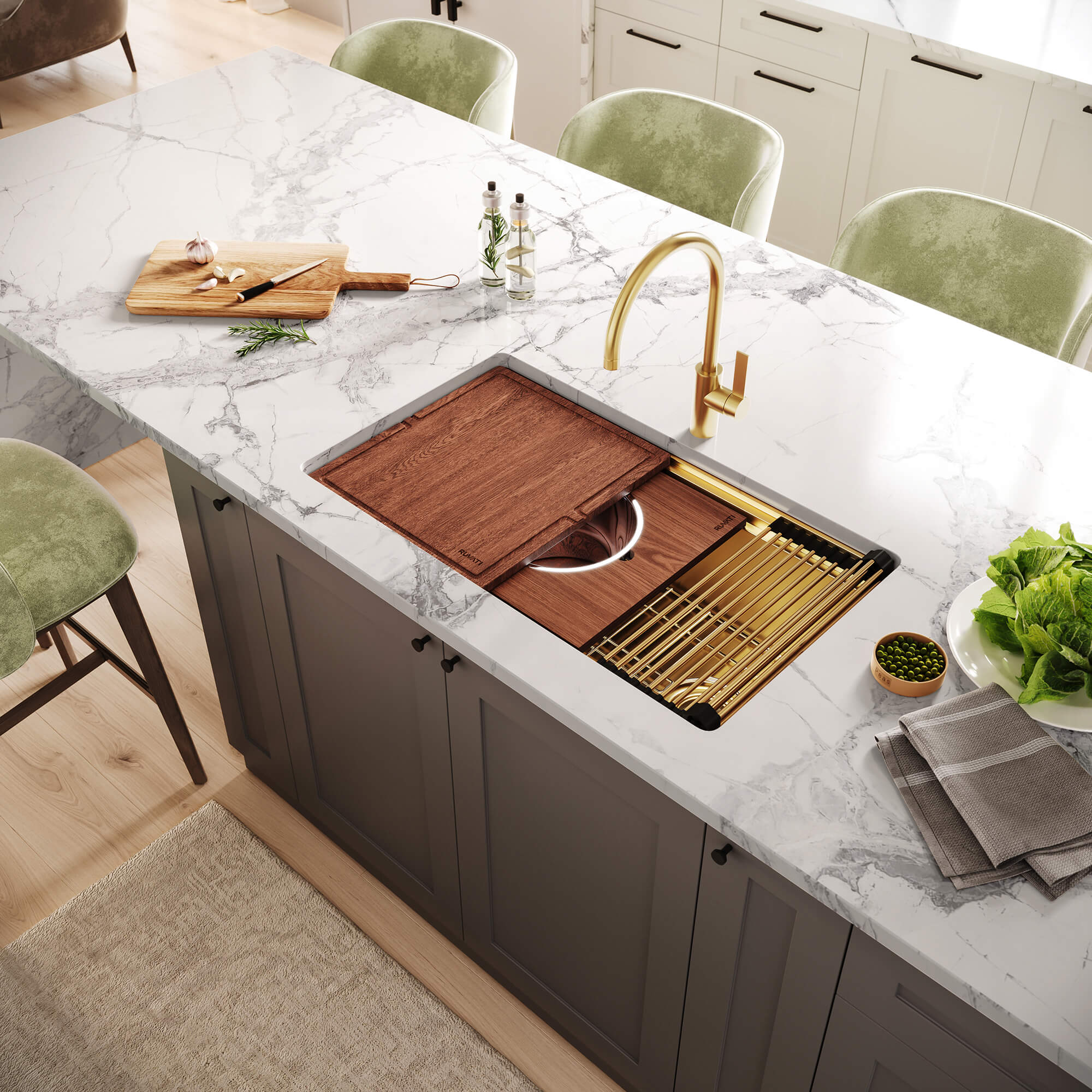 Ruvati Dual-Tier Pro — Tarja Workstation de Cocina en Acero Inoxidable — Oro Mate — 2