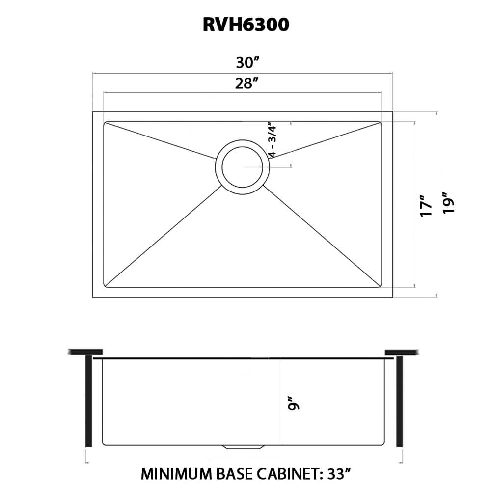 Ruvati Terraza — Tarja de Cocina en Acero Inoxidable — diagrama de dimensiones