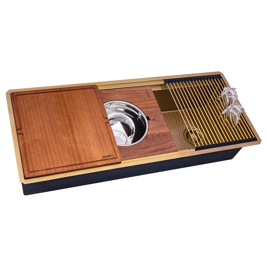 Ruvati Dual-Tier Pro — Tarja Workstation de Cocina en Acero Inoxidable — Oro Mate