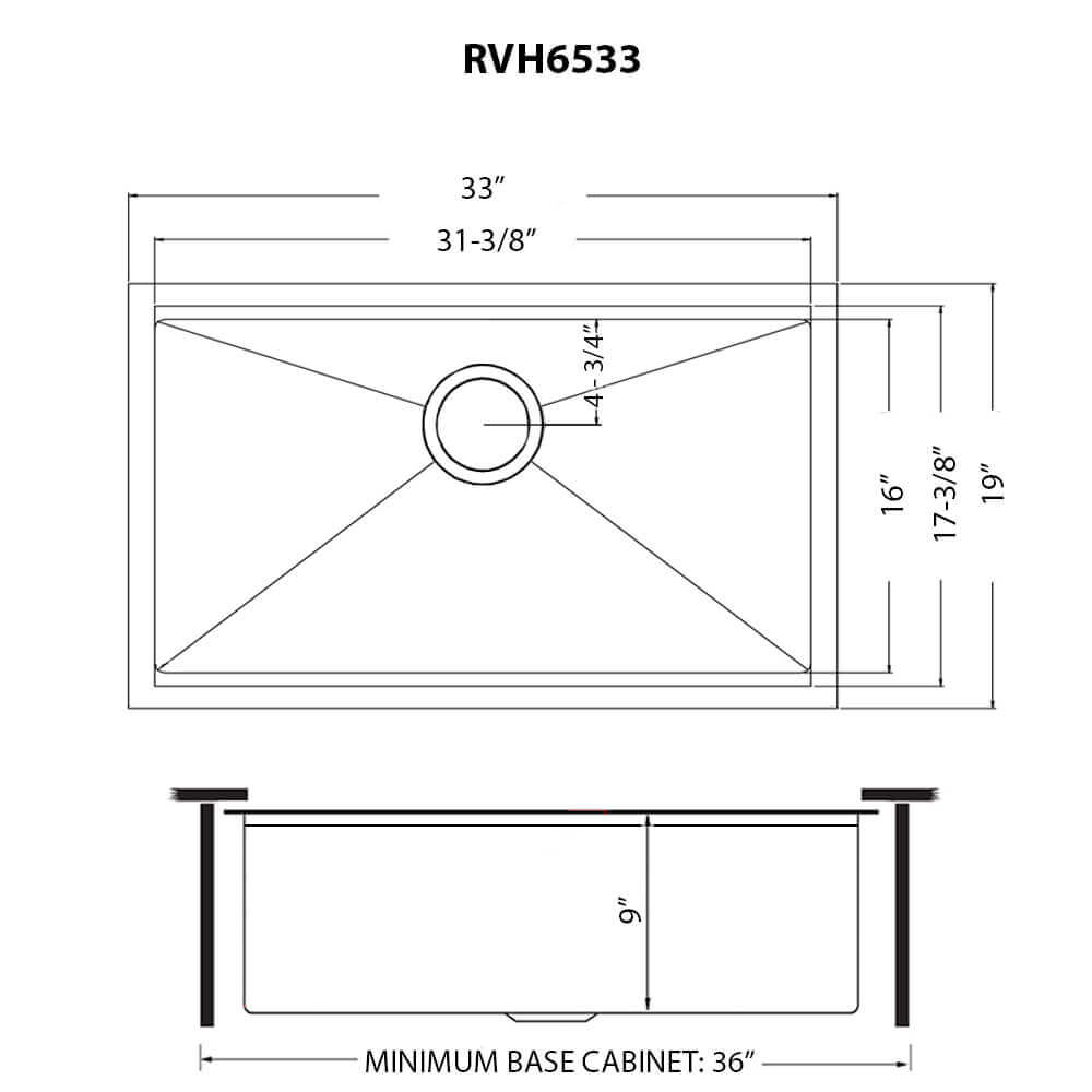 Ruvati Giana — Tarja Workstation de Cocina en Acero Inoxidable — diagrama de dimensiones