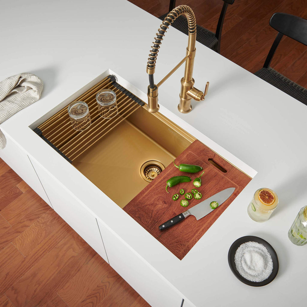 Ruvati Giana — Tarja Workstation de Cocina en Acero Inoxidable — Oro Mate