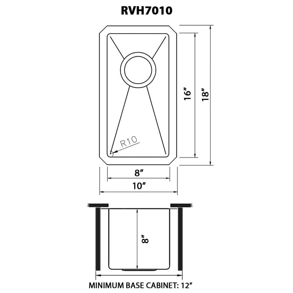 Ruvati Gravena — Tarja de Bar / Prep en Acero Inoxidable — diagrama de dimensiones