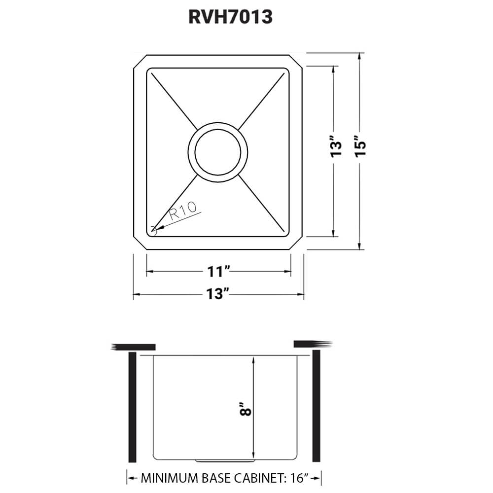 Ruvati Gravena — Tarja de Bar / Prep de 13 x 15 pulg en Acero Inoxidable — diagrama de dimensiones