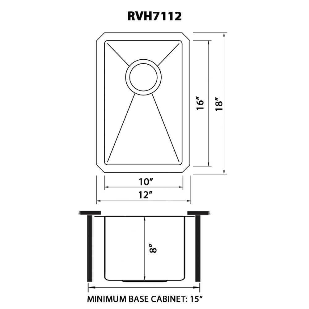 Ruvati Gravena — Tarja de Bar / Prep en Acero Inoxidable — diagrama de dimensiones
