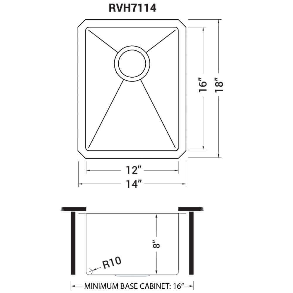 Ruvati Terraza — Tarja de Bar / Prep en Acero Inoxidable — diagrama de dimensiones
