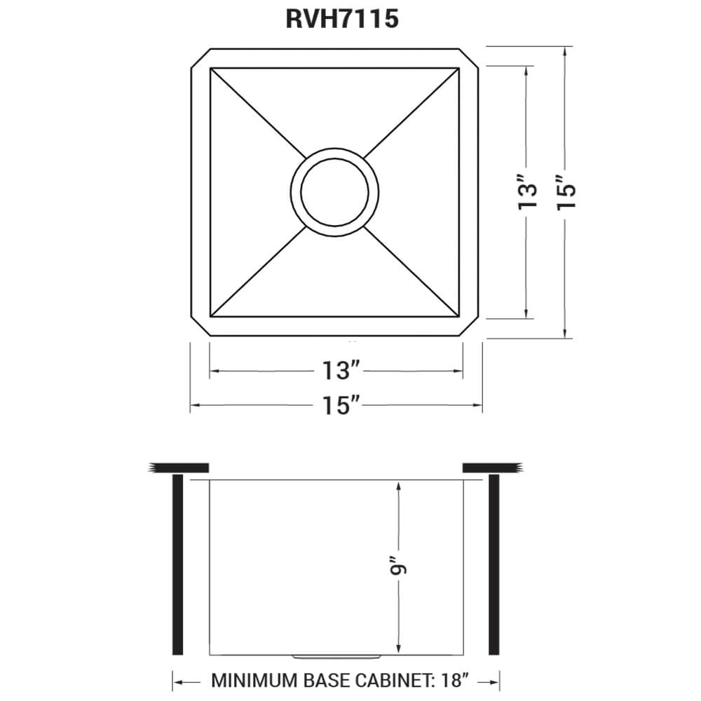 Ruvati Nesta — Tarja de Bar / Prep de 15 x 15 pulg en Acero Inoxidable — diagrama de dimensiones