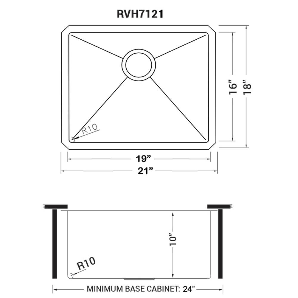 Ruvati Gravena — Tarja de Bar / Prep en Acero Inoxidable — diagrama de dimensiones