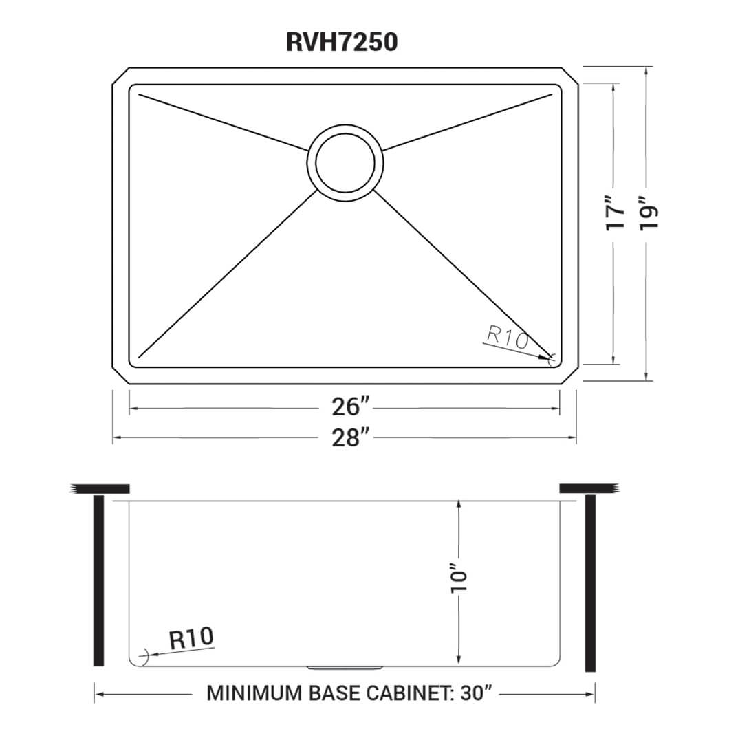 Ruvati Gravena — Tarja de Cocina en Acero Inoxidable — diagrama de dimensiones