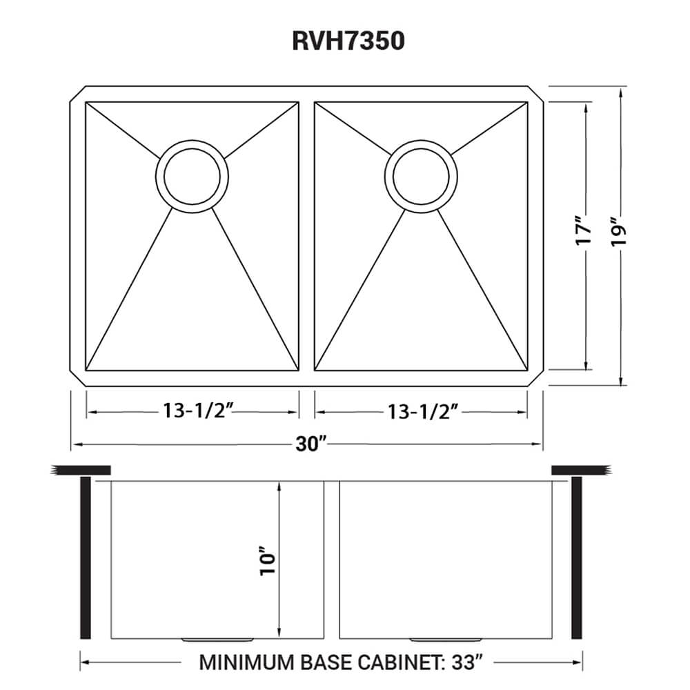 Ruvati Nesta — Tarja de Cocina en Acero Inoxidable — diagrama de dimensiones