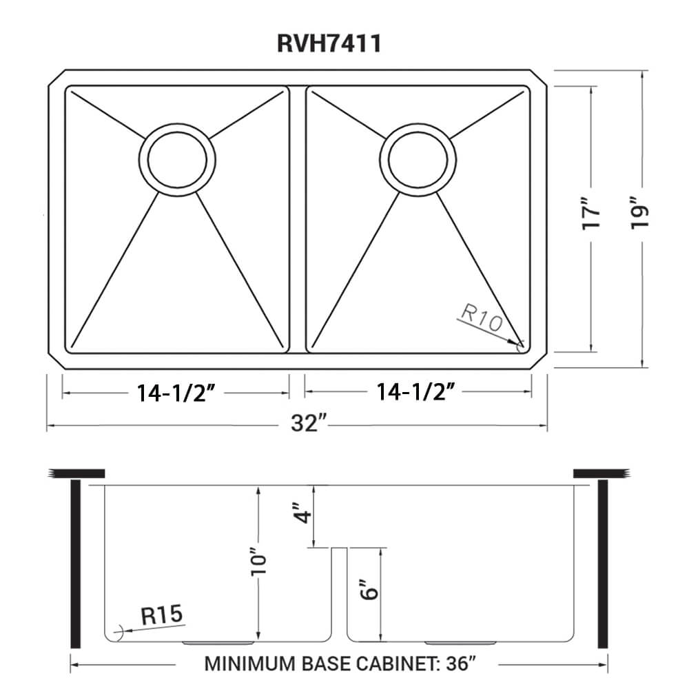 Ruvati Urbana — Tarja de Cocina en Acero Inoxidable — diagrama de dimensiones