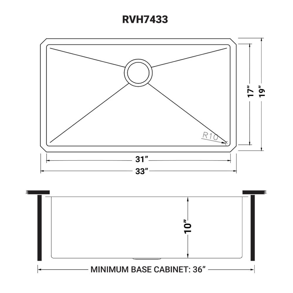 Ruvati Gravena — Tarja de Cocina en Acero Inoxidable — diagrama de dimensiones
