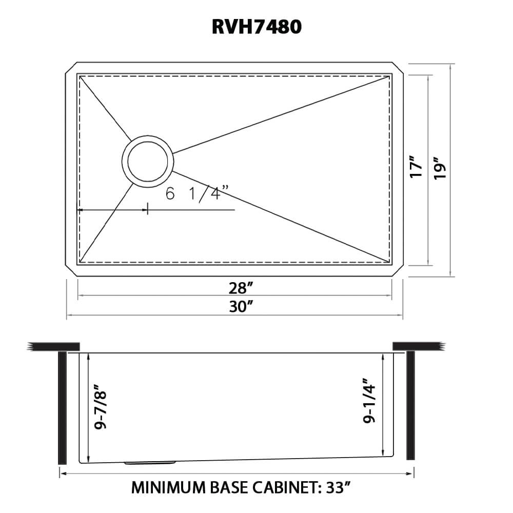 Ruvati Tribeca — Tarja de Cocina en Acero Inoxidable — diagrama de dimensiones