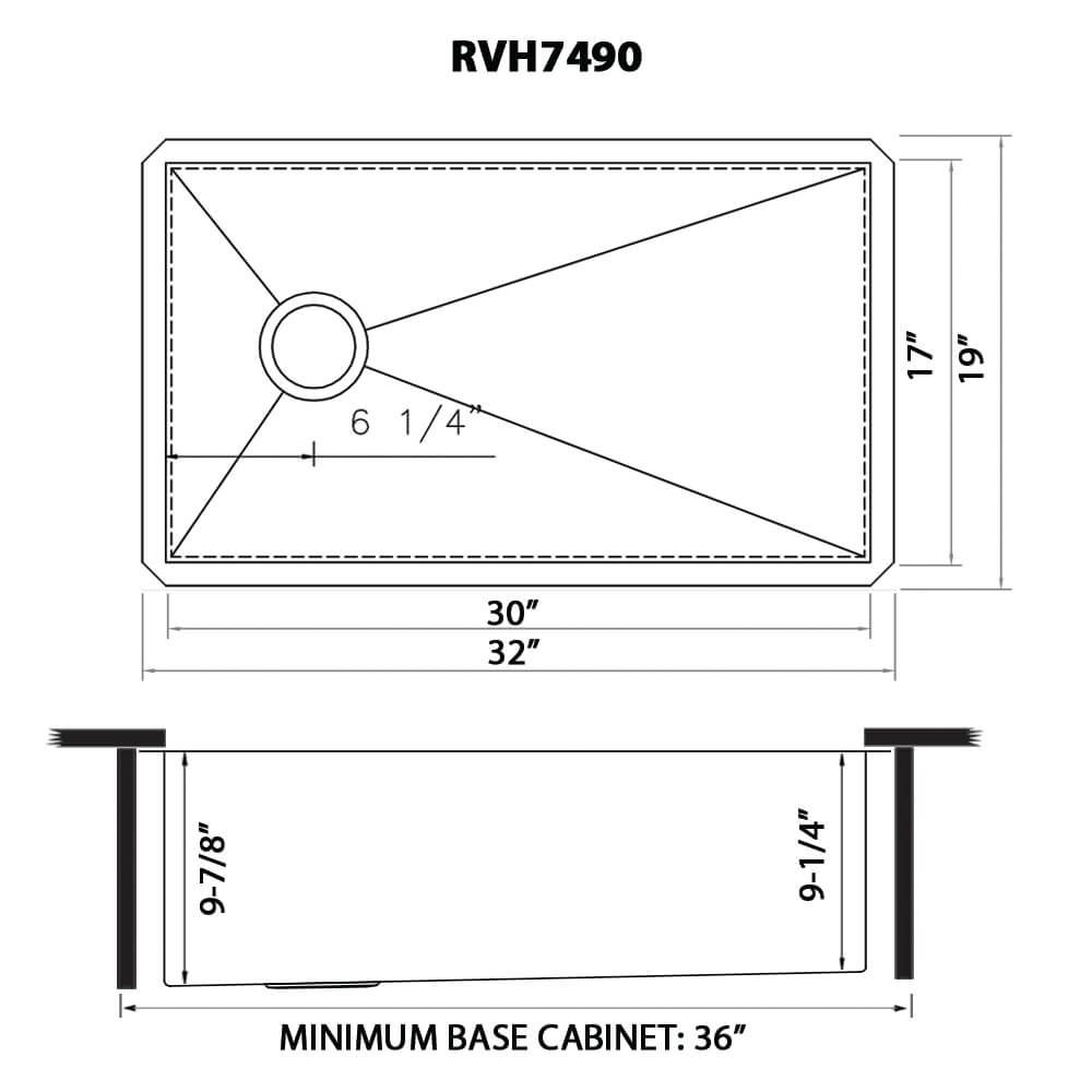 Ruvati Tribeca — Tarja de Cocina en Acero Inoxidable — diagrama de dimensiones