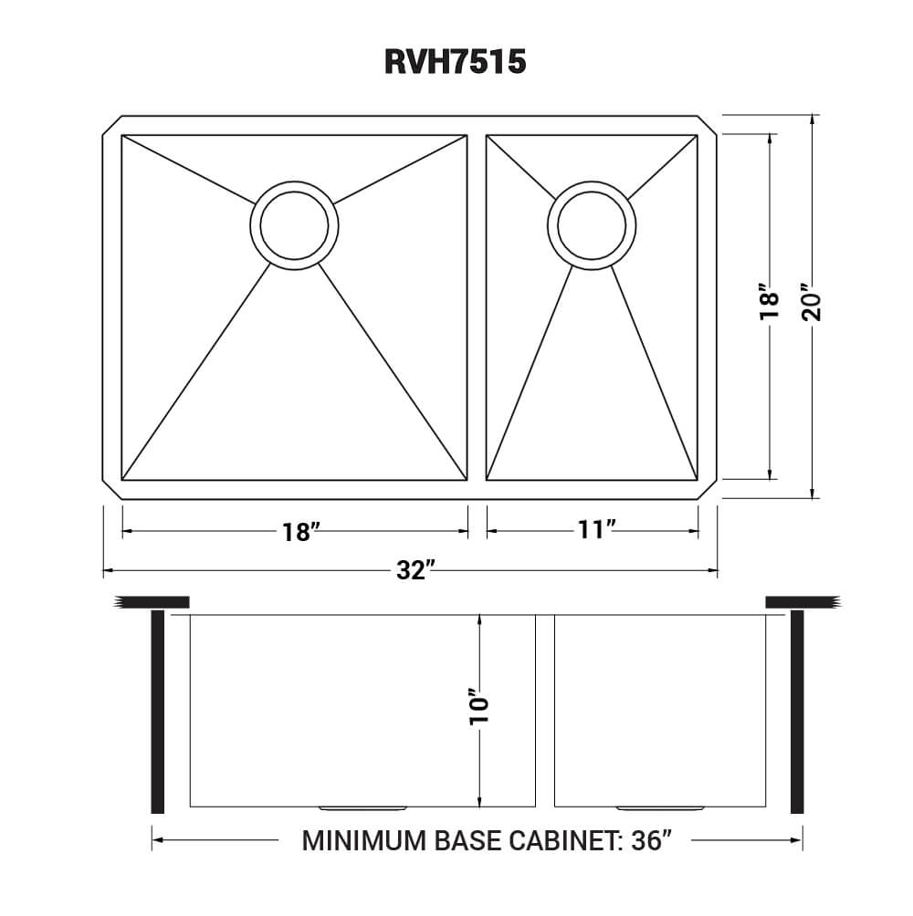 Ruvati Nesta — Tarja de Cocina en Acero Inoxidable — diagrama de dimensiones