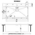 Ruvati Siena — Tarja Workstation de Cocina de 33 x 22 pulg en Acero Inoxidable — diagrama de dimensiones