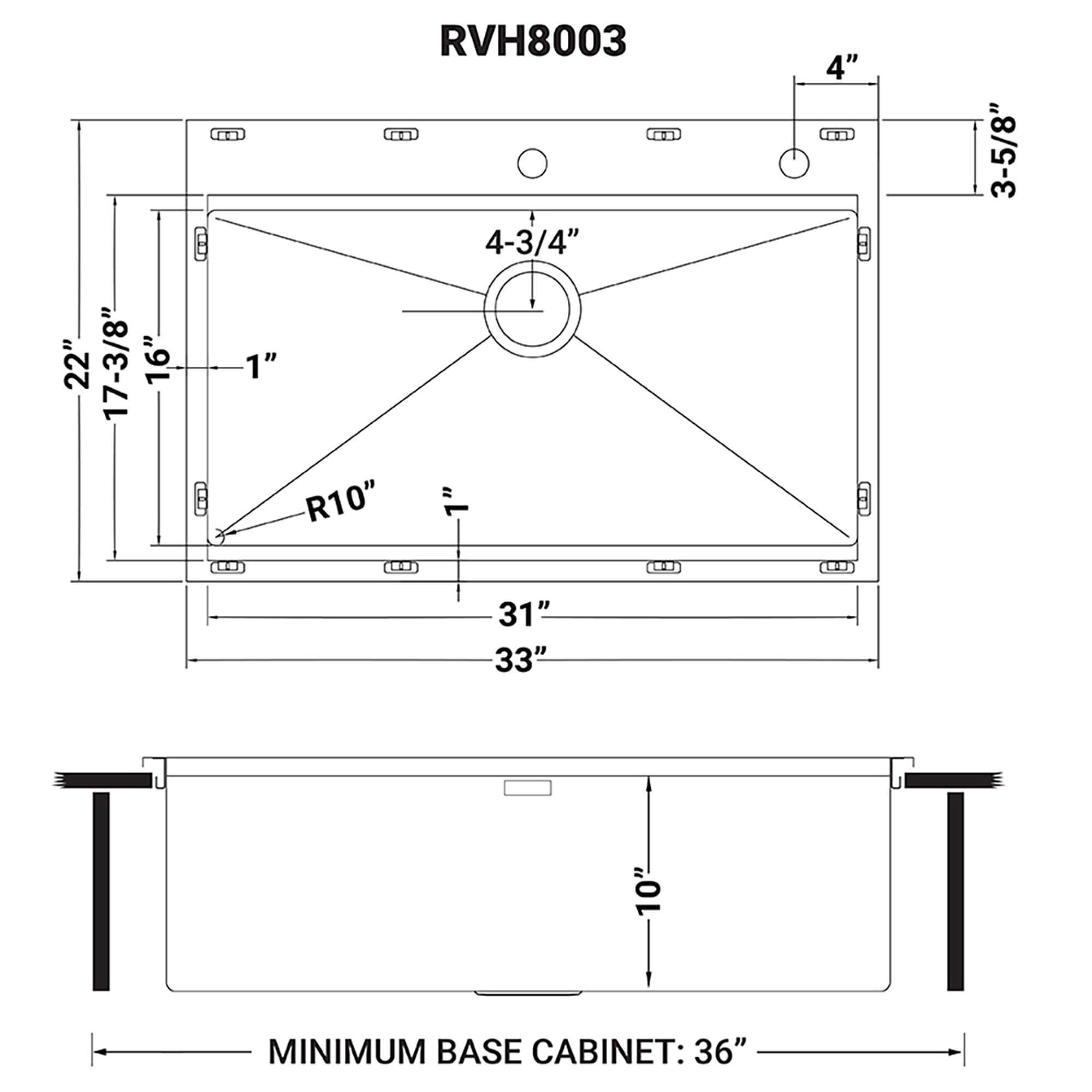 Ruvati Siena — Tarja Workstation de Cocina de 33 x 22 pulg en Acero Inoxidable — diagrama de dimensiones