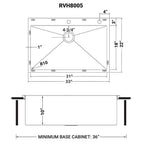 Ruvati Tirana Pro — Tarja de Cocina de 33 x 22 pulg en Acero Inoxidable — diagrama de dimensiones