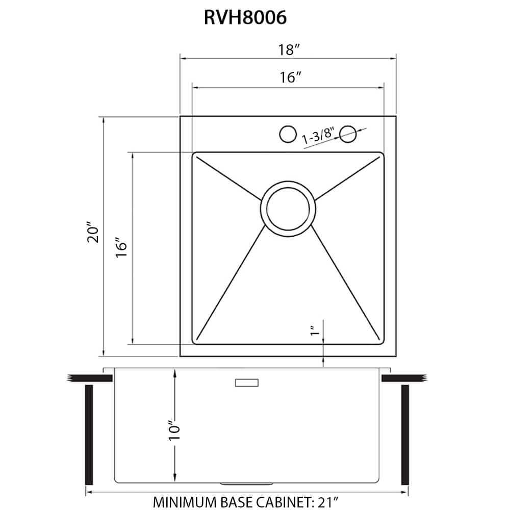 Ruvati Tirana Pro — Tarja de Bar / Prep de 18 x 20 pulg en Acero Inoxidable — diagrama de dimensiones