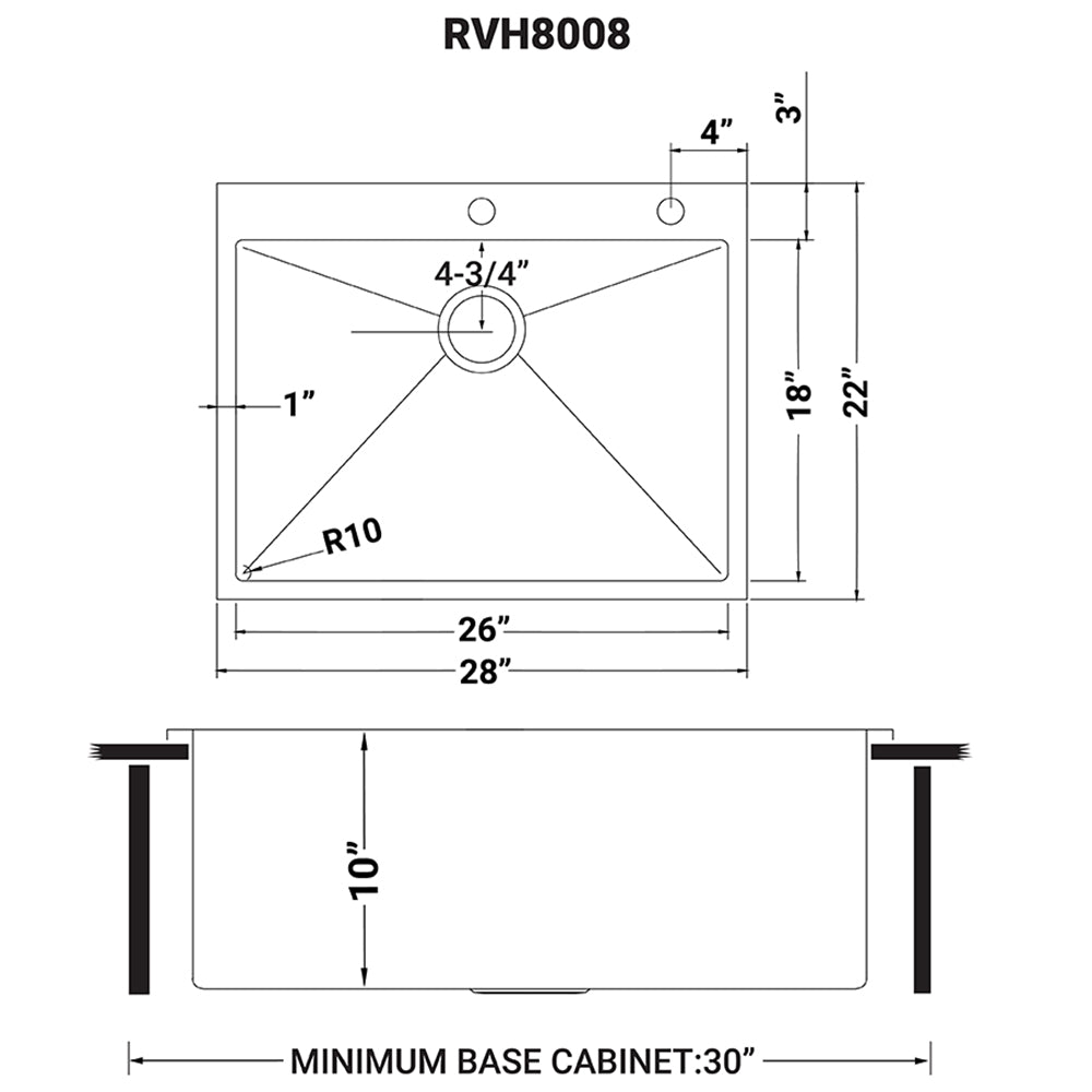 Ruvati Tirana Pro — Tarja de Cocina en Acero Inoxidable — diagrama de dimensiones