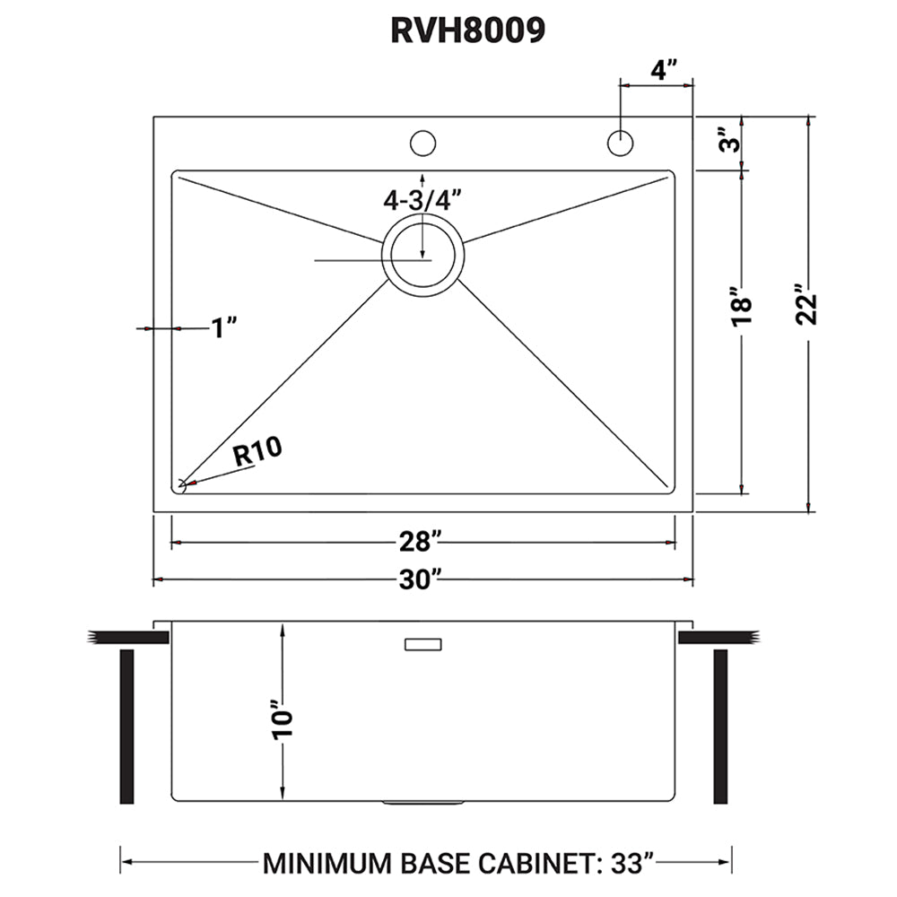 Ruvati Tirana Pro — Tarja de Cocina de 30 x 22 pulg en Acero Inoxidable — diagrama de dimensiones