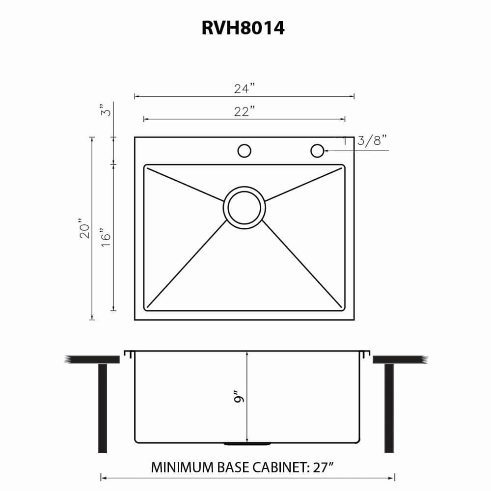 Ruvati Tirana Pro — Tarja de Cocina de 24 x 20 pulg en Acero Inoxidable — diagrama de dimensiones