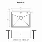 Ruvati Tirana Pro — Tarja de Cocina de 24 x 20 pulg en Acero Inoxidable — diagrama de dimensiones