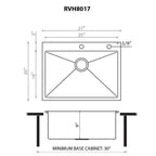 Ruvati Tirana Pro — Tarja de Cocina de 27 x 20 pulg en Acero Inoxidable — diagrama de dimensiones