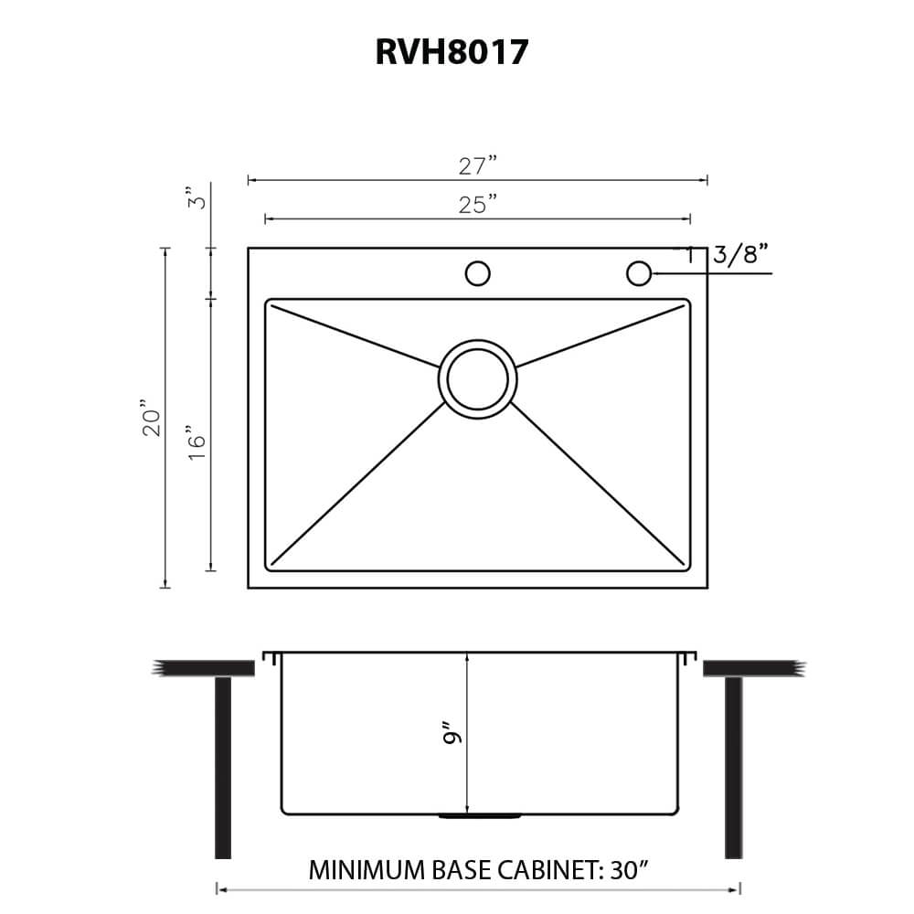 Ruvati Tirana Pro — Tarja de Cocina de 27 x 20 pulg en Acero Inoxidable — diagrama de dimensiones