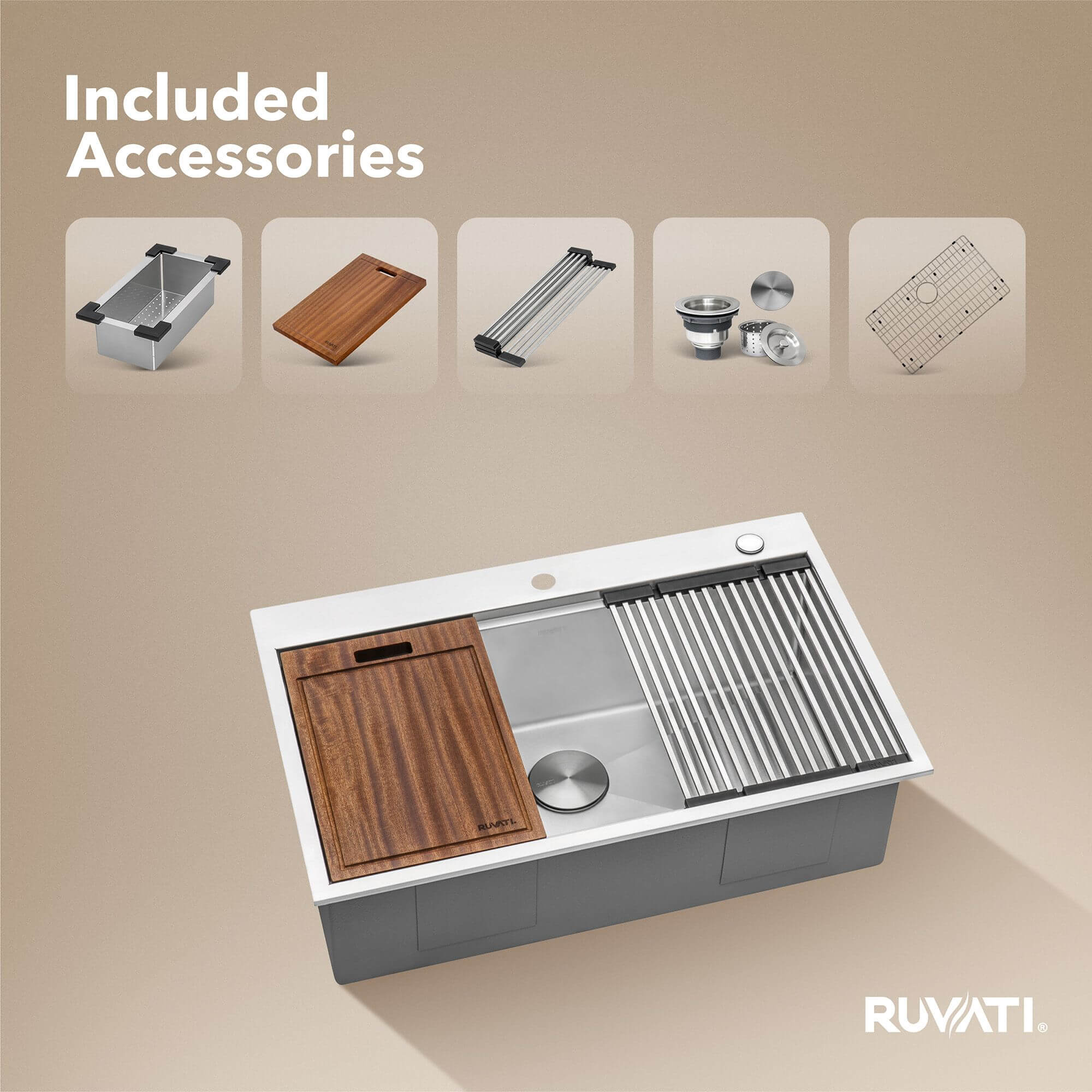 Ruvati Siena — Tarja Workstation de Cocina de 30 x 22 pulg en Acero Inoxidable — Acero Inoxidable — 1