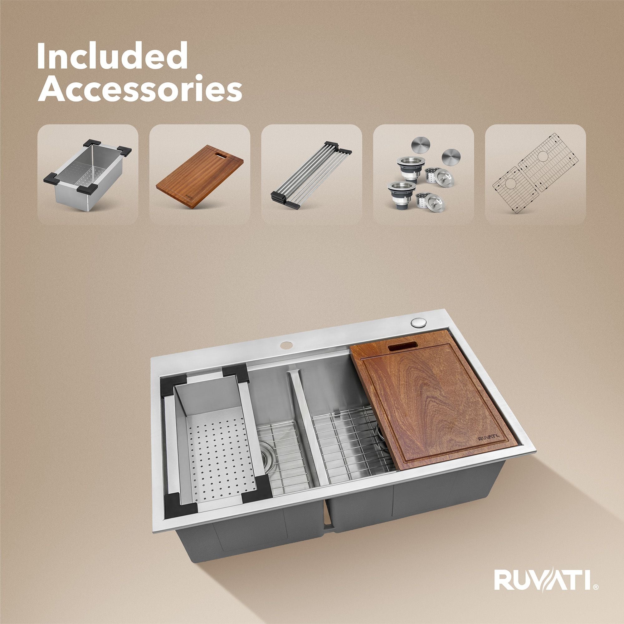Ruvati Siena — Tarja Workstation de Cocina de 33 x 22 pulg en Acero Inoxidable — Acero Inoxidable — 1