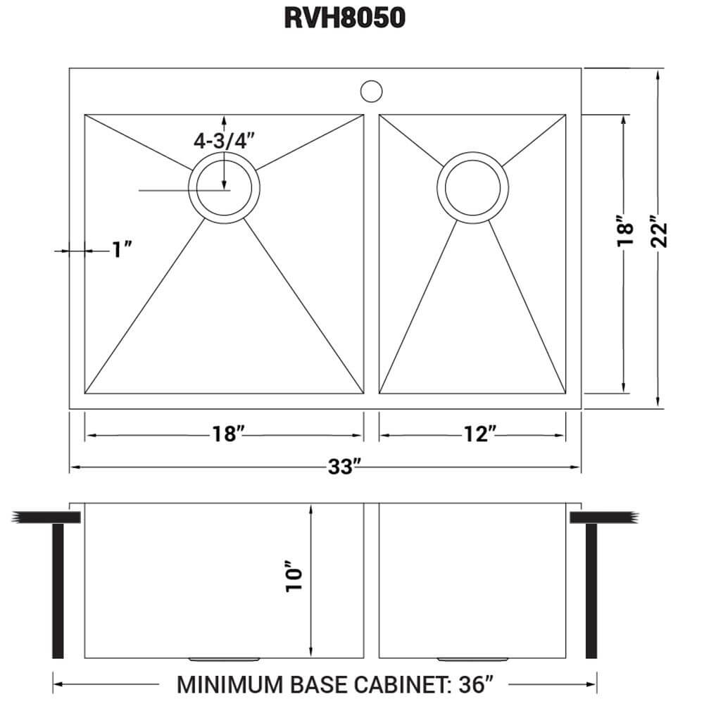 Ruvati Tirana — Tarja de Cocina de 33 x 22 pulg en Acero Inoxidable — diagrama de dimensiones