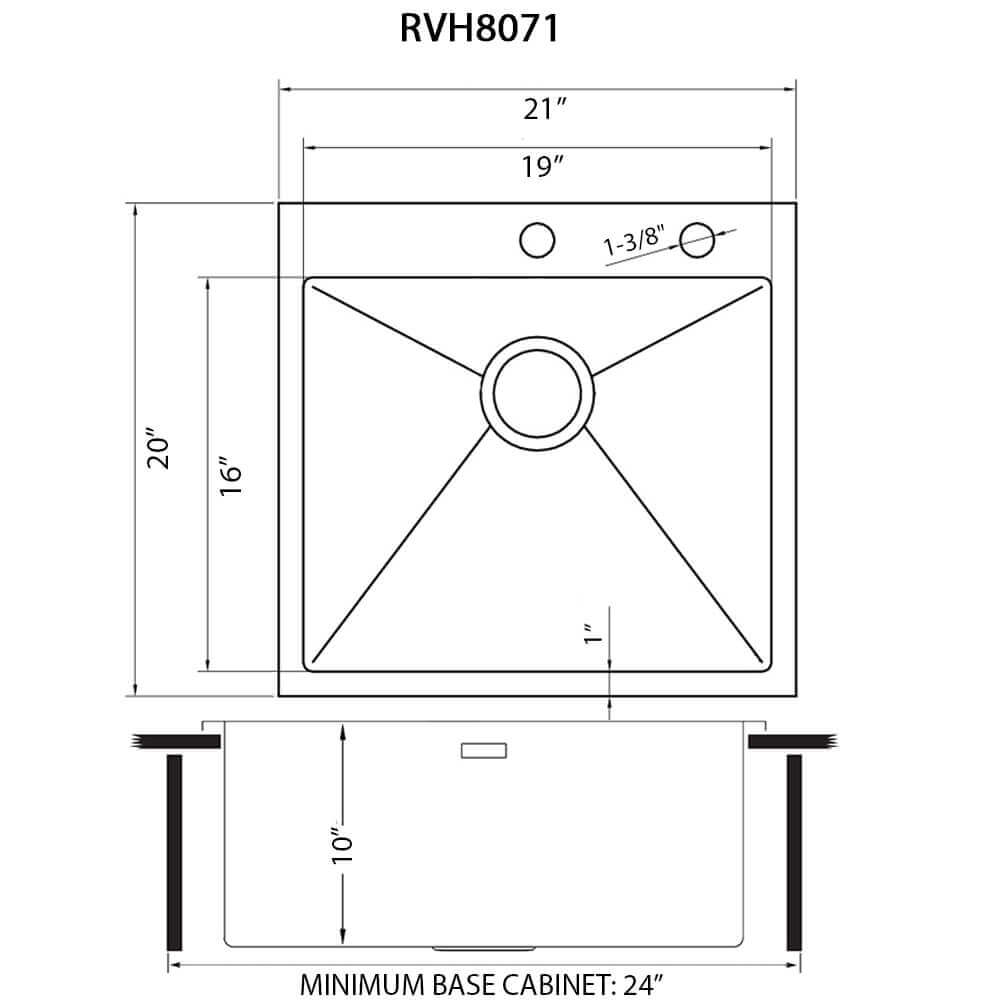 Ruvati Tirana Pro — Tarja de Bar / Prep en Acero Inoxidable — diagrama de dimensiones