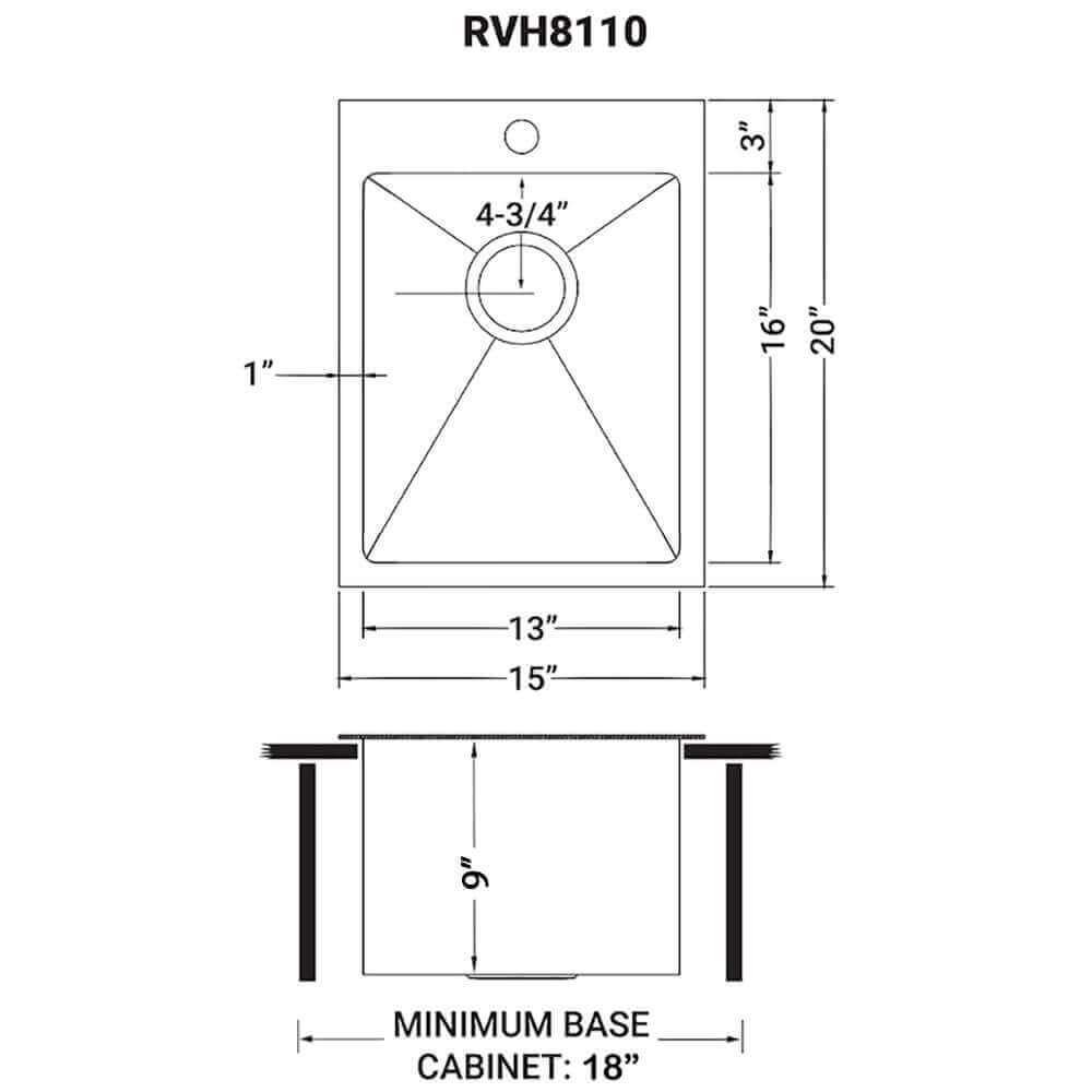 Ruvati Terraza — Tarja de Bar / Prep de 15 x 20 pulg en Acero Inoxidable — diagrama de dimensiones