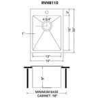 Ruvati Terraza — Tarja de Bar / Prep de 15 x 20 pulg en Acero Inoxidable — diagrama de dimensiones
