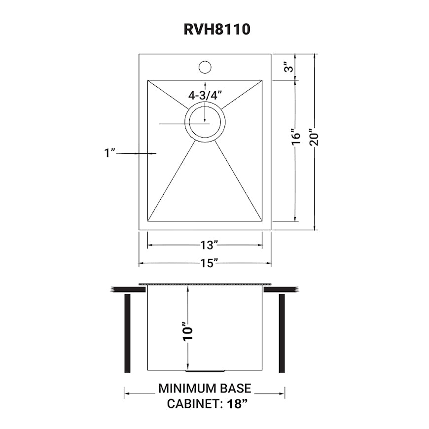 Ruvati Tirana — Tarja de Bar / Prep de 15 x 20 pulg en Acero Inoxidable — diagrama de dimensiones